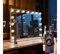 Inmtfei Bluetooth Speaker Hollywood Vanity Mirror With 15 Led Bulbs 5X Magnifier Usb Charging 58X46Cm