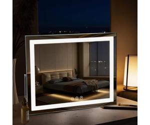 INMTFEI Hollywood Vanity Mirror with Lights,50×40cm Lighted Makeup Mirror,360°Rotation,Touchscreen Control,5XMagnification,3 Color Modes,stepless dimming,Tabletop or Wall Mounted (White+LED strip)