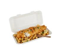 Inn Supplies UK x100 Dispo Extra Large Fish and Chip/Meal Box Sugarcane Compostable, Suitable for Hot, Wet and Oily Foods (324mm x 155mm 75mm)