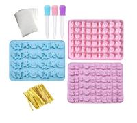 INNAL 3 Pcs Gummies Moulds Silicone Gummy Moulds Animal/Fruit/Heart Gummy Molds with 3 Droppers + 50 Clear Bags + 50 Golden Cable Ties for DIY Gummies Chocolate Jelly