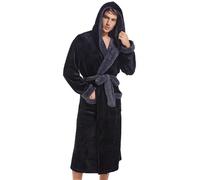 Inner Wish Mens Hooded Robe, Plush Long Bath robes Cozy Warm Bathrobe Fuzzy male Spa Robe With Pockets, Black+dark Grey, L/XL