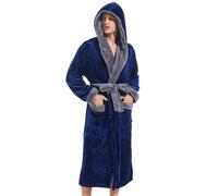 Inner Wish Mens Hooded Robe, Plush Long Highly Absorbent Bath robes Cozy Warm Bathrobe Fuzzy male Spa Robe With Pockets, Navy Blue+dark Grey, S/M