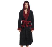 Inner Wish Mens Hooded Robe, Plush Long Highly Absorbent Bath robes Cozy Warm Bathrobe Fuzzy male Spa Robe With Pockets, Black+burgundy, S/M
