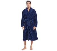 Inner Wish Mens Plush Fleece Robe, Cozy Warm Bathrobe Fuzzy Male Spa Long Robe With Pockets (DARK GREY), Navy Blue, L/XL
