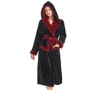 Inner Wish Women Hooded Plush Robe, Fleece Cozy Warm Bathrobe Fuzzy Female Spa Robe With Pockets Spa Bathrobe, Black+burgundy, S/M