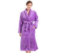 Inner Wish Womens Plush Fleece Robe, Cozy Warm Bathrobe Fuzzy Female Spa Robe With Pockets (Light Grey+Rose Red), Violet, S/M