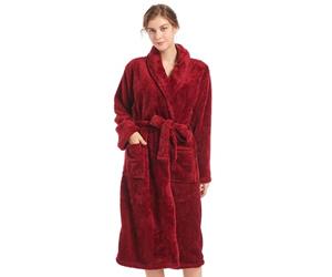 Inner Wish Womens Plush Fleece Robe, Cozy Warm Bathrobe Fuzzy Female Spa Robe With Pockets (Light Grey+Rose Red), Burgundy, XXL/3XL