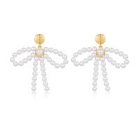 INNERDIVA Pearl Bow Earrings For Women Imitation Cream Pearls Bow Drop Dangle Earrings With A Small Gold Stud On The Top