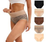 INNERSY High Waisted Knickers for Women Leopard Cotton Underwear Ladies Briefs Big Pants 5 Pack (18, 2 Leopard/3 Solid Colours)
