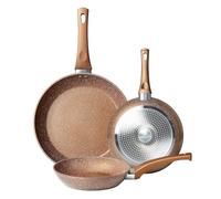Innerwell 3-Piece Non-Stick Pan Set 20 + 24 + 28 cm, Induction Pan Ceramic Non-Stick Coating, Granite Pans, PFOA-Free, PTFE Free, PFAS-Free, Oven-Safe, Dishwasher Safe, Gold