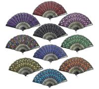 InniLife Elegant Colorful Embroidered Flower Peacock Pattern Sequin Fabric Folding Handheld Hand Fan Hand-crafted (Full Set - 10pcs Mixed Colors)