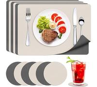 innislink Set of 6 Beige Placemats and Coasters, Faux Leather Place Mats and Coasters, Double-Sided Place Mats, PU Faux Leather, Heat-Resistant for Kitchen, Home, 43 x 30 cm, Beige Grey
