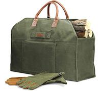 INNO STAGE Firewood Log Carrier Bag Waxed Canvas Tote Holder with Fireplace Pure Leather Gloves Set for Camping, BBQ Barbecue- Green Bag