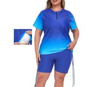 Inno Women's 2 Pcs Plus Size Rash Guard Set with Built-in Bra Zip Swim Top UPF 50+ Adjustable Ruched Side Swimsuit, Ombre Light Blue, 4X
