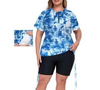 Inno Women's 2 Pcs Plus Size Rash Guard Set with Built-in Bra Zip Swim Top UPF 50+ Adjustable Ruched Side Swimsuit, Blue Floral, 3X