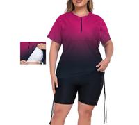 Inno Women's 2 Pcs Plus Size Rash Guard Set with Built-in Bra Zip Swim Top UPF 50+ Adjustable Ruched Side Swimsuit, Black Red, 4X