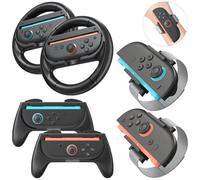 innoAura 6 in 1 Accessories Bundle for Switch 2(2025), Switch 2 Accessories Set with Steering Wheel * 2, J-con Grip * 2, Wrist Strap * 2 , Family Sports Party Pack Accessories(Black)