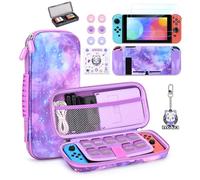 innoAura Switch Case,15 in 1 Accessories Bundle with Screen Protector, Game Case, Cute Pendant & Thumb Caps (Galaxy Purple)