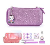 innoAura Switch Lite Case, 15-in-1 Accessories Set with Carrying Case, Screen Protector, Game Case & Cat Thumb Caps (Glitter Purple)