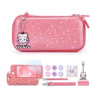 innoAura Switch Lite Case, 15-in-1 Accessories Set with Carrying Case, Screen Protector, Game Case & Cat Thumb Caps (Glitter Pink)