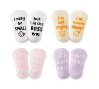 INNObeta Baby Socks Set with Funny Quotes (4 Pairs) Newborn/Infant Socks for Baby Shower, Gender Reveal, Christmas, New Parents - Anti Slip, Gift Box Included, 3-12 Months, Baby Girl