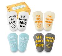INNObeta Baby Socks Set with Funny Quotes (4 Pairs) Newborn/Infant Socks for Baby Shower, Gender Reveal, Christmas, New Parents - Anti Slip, Gift Box Included, 3-12 Months, Gender Neutral