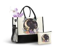 InnoBeta Black Cat Gifts for Women - Large Moon & Floral Canvas Tote Bag with Zipper & Strap - Cute Witchy Bag for Birthday, Halloween, Friends, Cat Lovers, Magic Vibe Fans