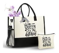 InnoBeta Chef Gifts for Women, Queen of The Kitchen, Canvas Tote Bag for Mom, Grandma, Bag with Top Zipper Closure and Shoulder Strap for Birthday
