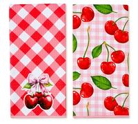 INNObeta Cherry Kitchen Decor, Bathroom Decor, Hand Towel 2 Pack, 16 x 24 in Microfiber Dish Tea Towel, Cute Cherry Gifts, Gingham
