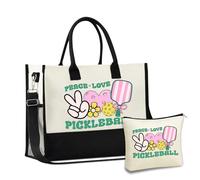 InnoBeta Pickleball Gifts for Women Canvas Tote Stuff Bag with Top Zipper, Shoulder Strap, Canvas - Peace Love Pickleball, One Size