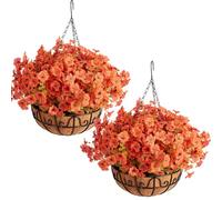 InnoGear Artificial Hanging Flowers for Outdoors, 2 Pack 12 Bundles Orange Fall Mums Hanging Baskets UV Resistant Faux Plants Fake Silk Flowers Autumn Decor for Porch Home Patio Balcony Yard