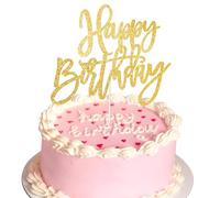 InnoHHustle Happy Birthday Cake Topper, Gold Glitter, 1 Piece, 5.5" Stick, 6.4"x5.3" Card, Perfect for Birthday Parties