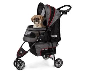 InnoPet Avenue Shiny Grey/Red Lightweight Dog & Cat Stroller - Compact Urban Pet Buggy with Raincover, Safety Tethers & Storage Basket