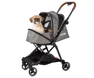 InnoPet City Pet Buggy Grey - Compact Dog & Cat Stroller for Travel, One-Hand Fold, Pet Carrier for Small Dogs and Cats up to 11kg, Faux Leather Push Bar, Four Wheels, Lightweight Dog Buggy
