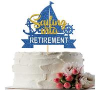 INNORU Sailing into Retirement Cake Topper - Nautical Retirement Party Cake Decor - Sailor Happy Retirement Party Decorations, Navy Blue Glitter