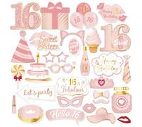 INNORU Sweet 16 Photo Booth Props, Girl's 16th Birthday Photoshoot 16 Years Party Photography Props Favor Centerpiece Sticks Decorations 30 PCS