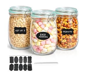 Innoteck 3 Piece Airtight Glass Storage Jar Set with Clip Lock Lids (1L / 1000ml Each) - BPA-Free Clear Canisters for Oats, Pickles, Cereals, Pasta & Snacks, Includes 10 Labels & Chalk Pen