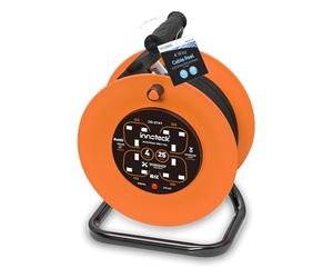 Innoteck 4-Way 25M Cable Reel with 13A Fused Plug - Heavy Duty Portable Extension Cord with Thermal Cut-Out Protection & Resetting Switch - Indoor Multi-Socket Power Reel, Orange & Black