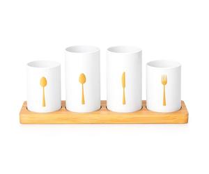 Innoteck 4pc Kitchen Cutlery Holder Set - Modern Farmhouse Kitchen Décor - Natural Bamboo - White Utensil Crock - Vintage Organizer - Tool Caddy - Countertop Storage