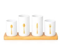 Innoteck 4pc Kitchen Cutlery Holder Set - Modern Farmhouse Kitchen Décor - Natural Bamboo - White Utensil Crock - Vintage Organizer - Tool Caddy - Countertop Storage
