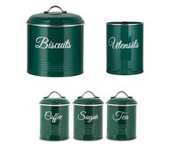 Innoteck 5 Pc Kitchen Canister Set - Airtight Biscuit Tin, Tea, Coffee, Sugar & Utensil Storage - Durable Powder-Coated Tin with Stylish Grey & White Design, Green