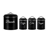Innoteck Airtight 5.3L Biscuit Tin with Lid & Tea Coffee Sugar Canisters Set of 3 - Metal Cookie Jar and Food Storage Containers for Freshness and Organisation, Black