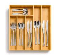 Innoteck Bamboo Cutlery Tray with 20-Piece Stainless Steel Cutlery Set - 6 Compartment Kitchen Drawer Organiser & Mirror-Polished Silverware Set for 4