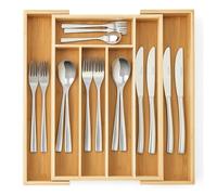Innoteck Bamboo Expandable Cutlery Tray with 20-Piece Stainless Steel Cutlery Set - Adjustable 5-7 Compartment Drawer Organiser & Mirror-Polished Silverware Set for 4