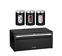 Innoteck Black Breadbin and Window Canister Set - Stylish Metal Storage Solutions with Spacious Storage and Freshness Preservation - Set of 4 Includes Breadbin and 3 Canisters