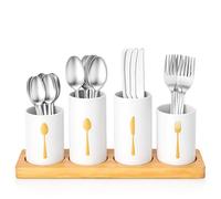 Innoteck Cutlery Set with Bamboo Holder 20pcs Stainless Steel - Tableware for 4 with Organizer - Forks, Knives, Spoons, Teaspoons & Cake Forks - Dishwasher Safe, White