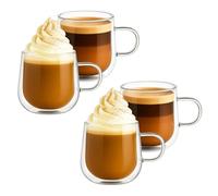 Innoteck Double Walled Glass Coffee Cups Set of 4 (275ml) - Heat Resistant Borosilicate Latte Mugs with Handle, Insulated for Hot/Cold Drinks, Handmade