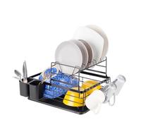 Innoteck Essentials 2 Tier Dish Drainer Rack - with Removable Cutlery Holder and Plastic Base Drip Tray - Black Large Capacity Rustproof - Organiser for Kitchen Counter - 41.5 x 30.5 x 27cm - Black