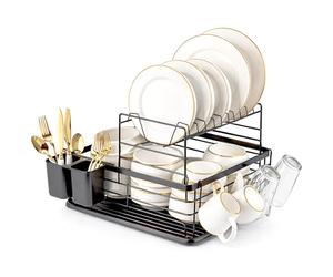 Innoteck Essentials 2 Tier Dish Drainer Rack - with Removable Cutlery Holder and Metal Base Drip Tray - Black Large Capacity Rustproof - Organiser for Kitchen Counter - 41.5 x 30.5 x 27cm - Black