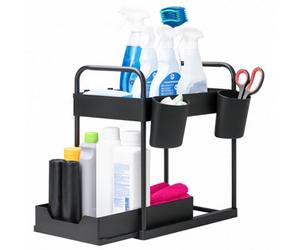Innoteck Essentials 2-Tier Under Sink Organiser With 4 Hooks And 2 Cups - Black